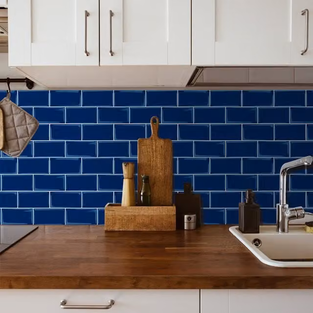 Livingandhome 10-Piece Blue 3D Brick Effect Peel and Stick Adhesive Backsplash Tiles