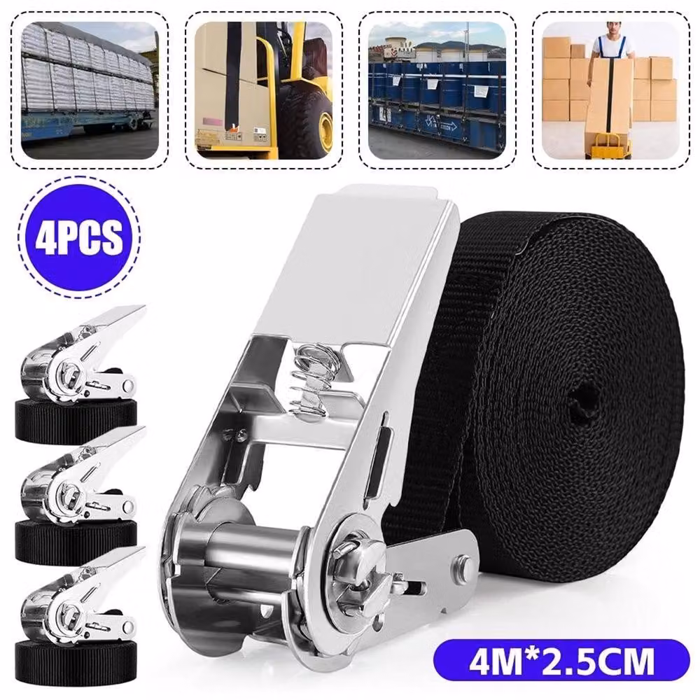 SPETLEK Set of 4 Black Ratchet Tie Down Lashing Straps, 1000kg Capacity, W/D/H: 4 x 4 m x 25 mm – 2