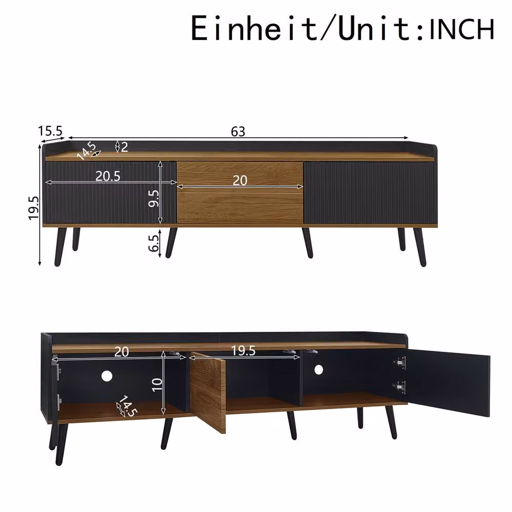 ModernLuxe Black Matt TV Cabinet Lowboard with 3 Doors and Media Storage, W: 148.5 cm, H: 39.0 cm, D: 39.0 cm – 2