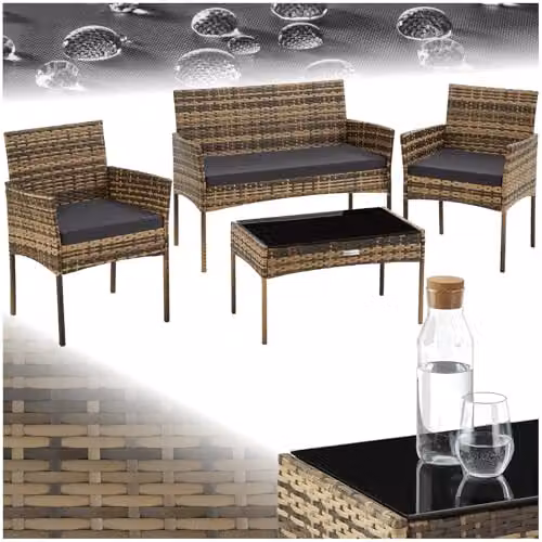 tectake 4-Seater Rattan Garden Furniture Set with 2-Seater Sofa, 2 Lounge Armchairs, Coffee Table and Upholstered Cushions in Grey and Brown