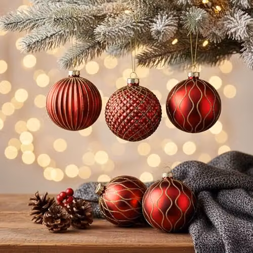 Shatchi Set of 12 Red and Gold Glass Baubles, 8 cm Round Hanging Christmas Ornaments – 8
