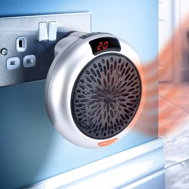 Bergstrom Mini Plug-In Fan Heater in Silver with Adjustable Thermostat and Timer