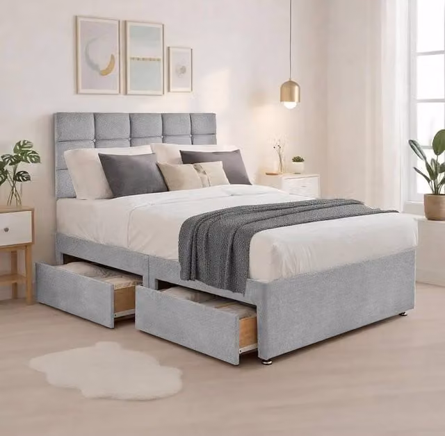 Bed Time UK Plush Divan Bed with Mattress, 20" Cubic Headboard and 2 Drawers in Silver, Size: Single (90 x 200 cm)