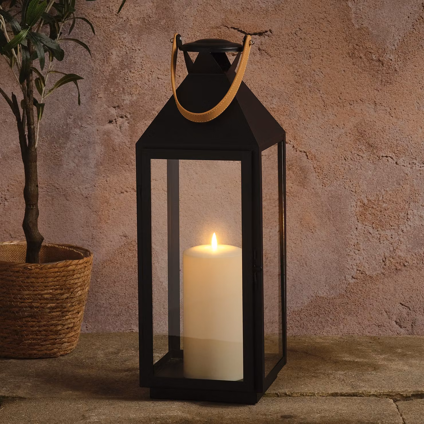 Brixham Large Leather Effect Handle Lantern with TruGlow Pillar Candle and Remote Control in Black, Beige or White