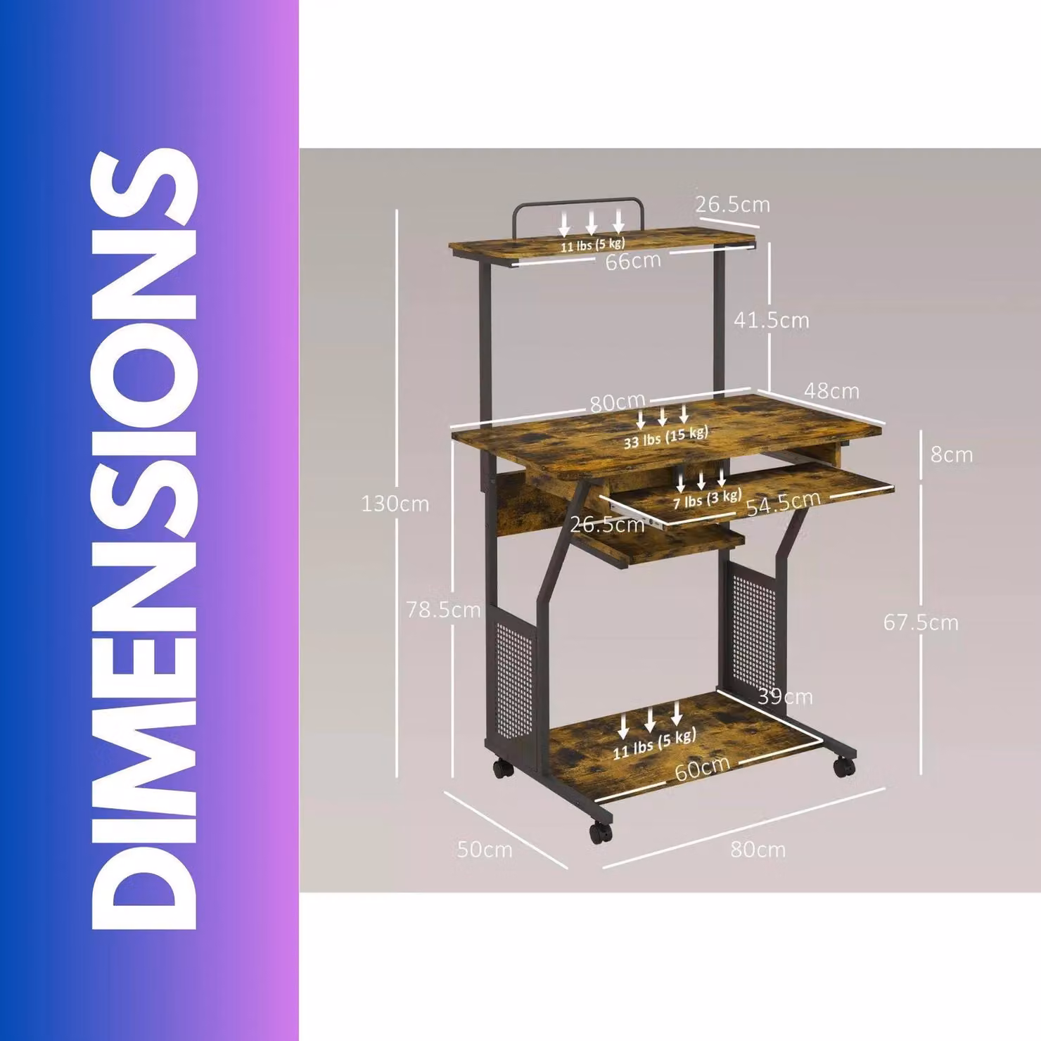FURNOS Industrial Rolling Computer Desk with Keyboard Tray and Shelves in Brown, W/D/H: 130 x 50 x 76 cm – 3