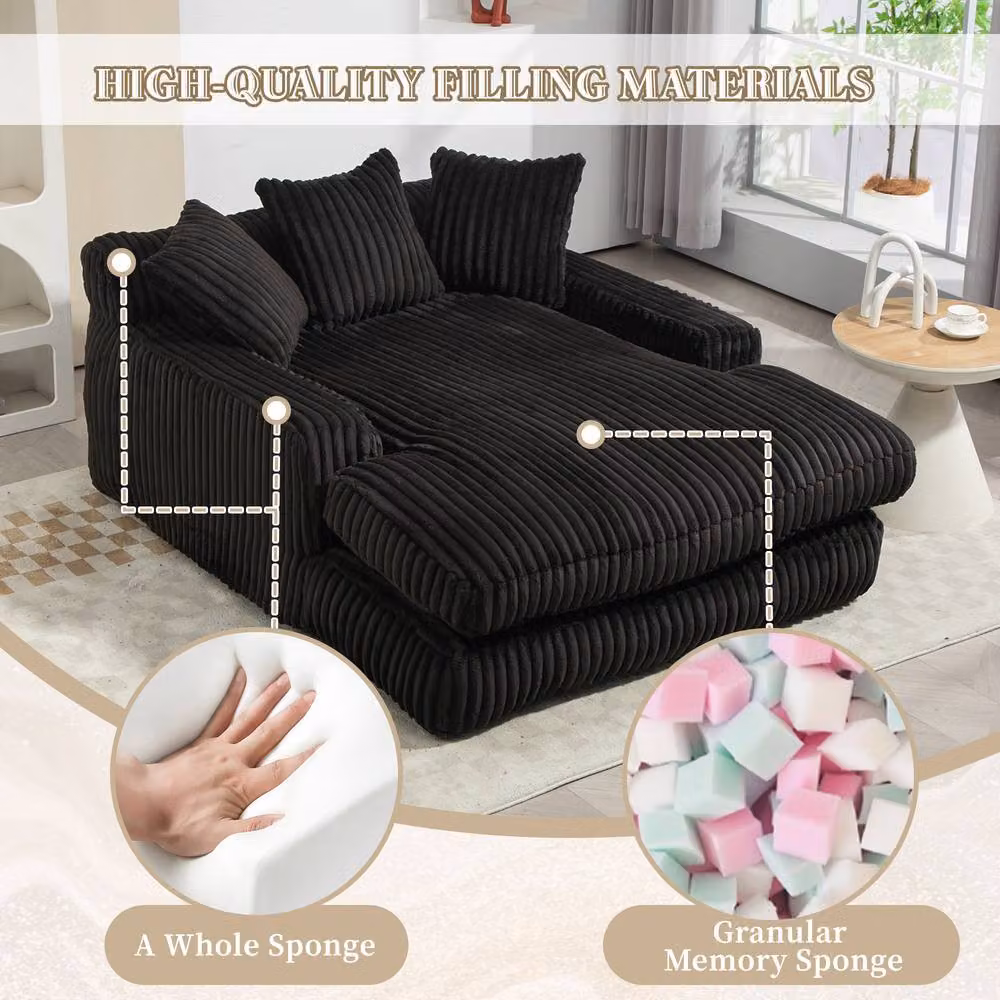 Direct Wicker Modern Oversized Upholstered Chaise Lounge Sofa with 2 Scatter Cushions in Black – 3