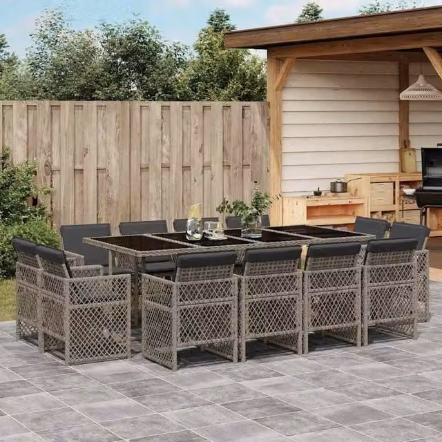 Berkfield Home 13 Piece Grey Poly Rattan Garden Dining Set with Cushions and Glass Tabletop