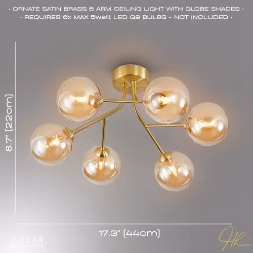 Happy Homewares 6-Arm Modern Ceiling Light Fixture in Gold with Amber Transparent Glass Shades, W/D/H: 44 x 44 x 22 cm – 2