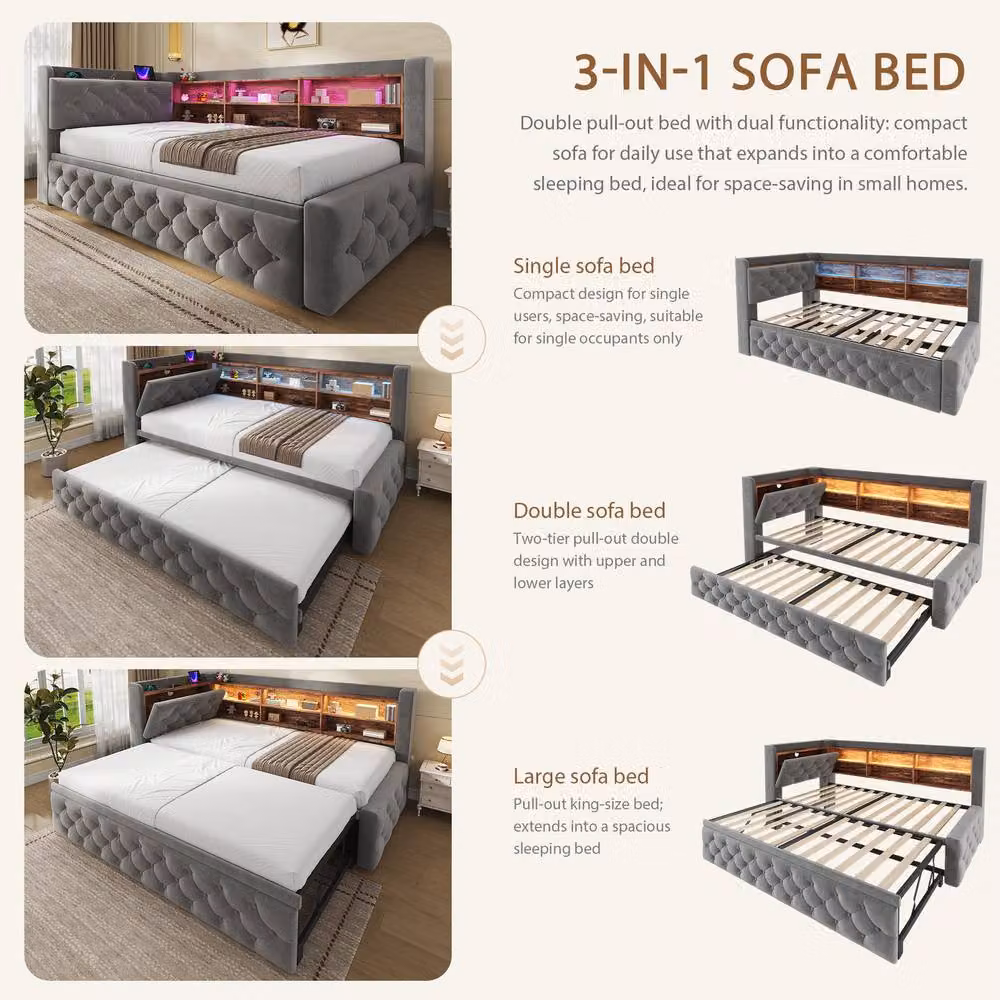 STILVORA Single Sofa Bed with Storage, LED Lights and USB Charging in Dark Grey, W: 90 cm, L: 190 cm – 5