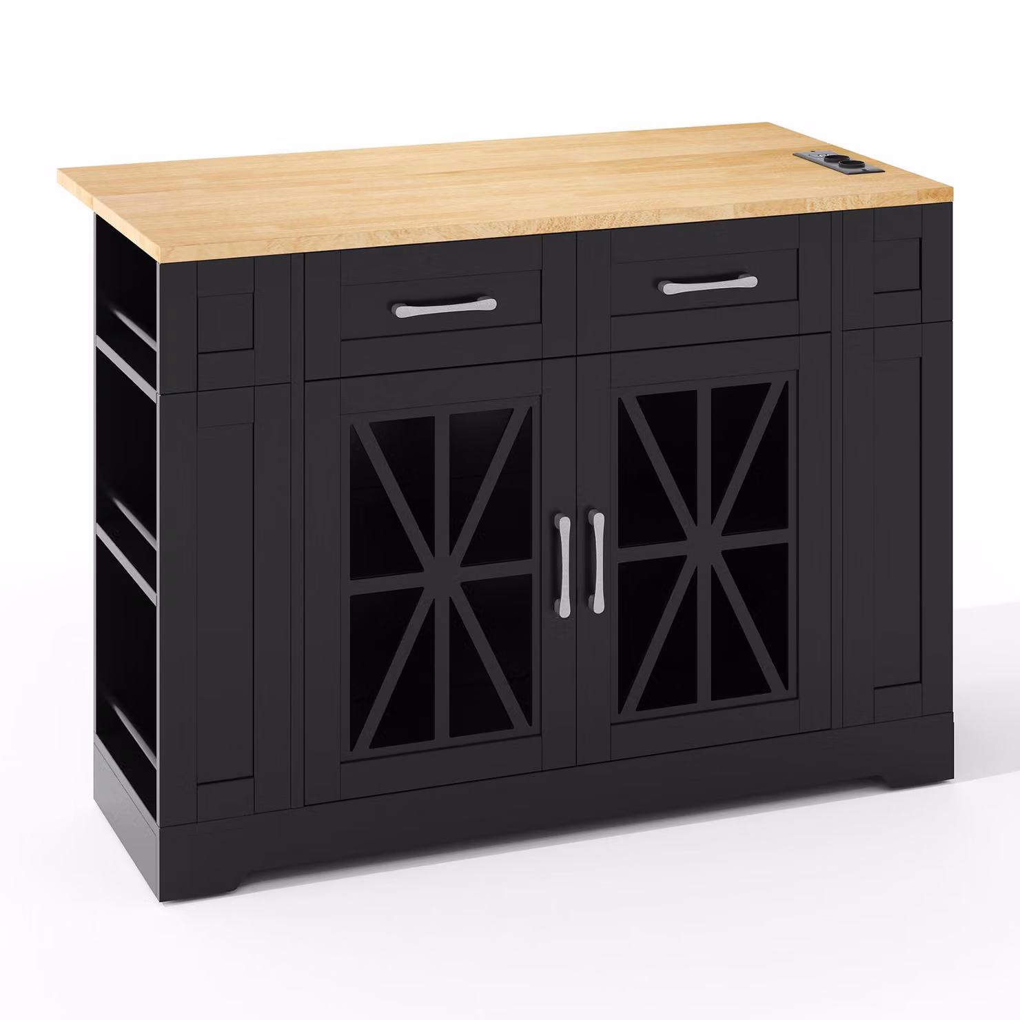 Aosom UK Mobile Kitchen Island with Foldable Tabletop and Sockets, Black and Natural Storage Buffet with Adjustable Shelves, W: 120 cm, D: 65 cm, H: 92 cm – 2