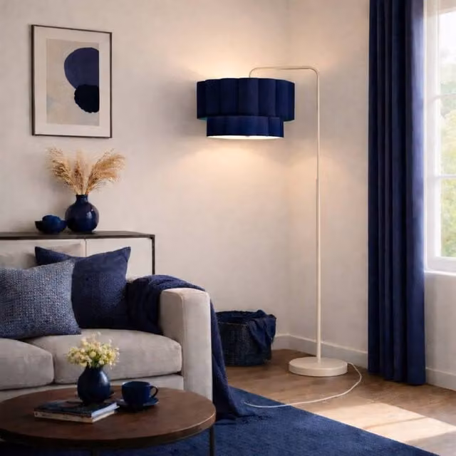 CGC Lighting Kyra Cream Angled Floor Lamp with Two Layer Scalloped Navy Blue Fabric Lampshade