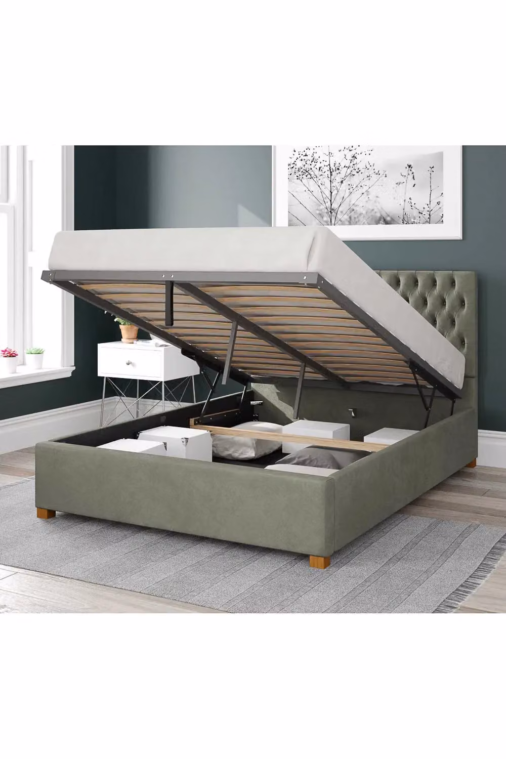 Aspire Nightingale Upholstered Ottoman Storage Bed in Blue Velvet, W/D/H: 140 x 200 x 35 cm – 2