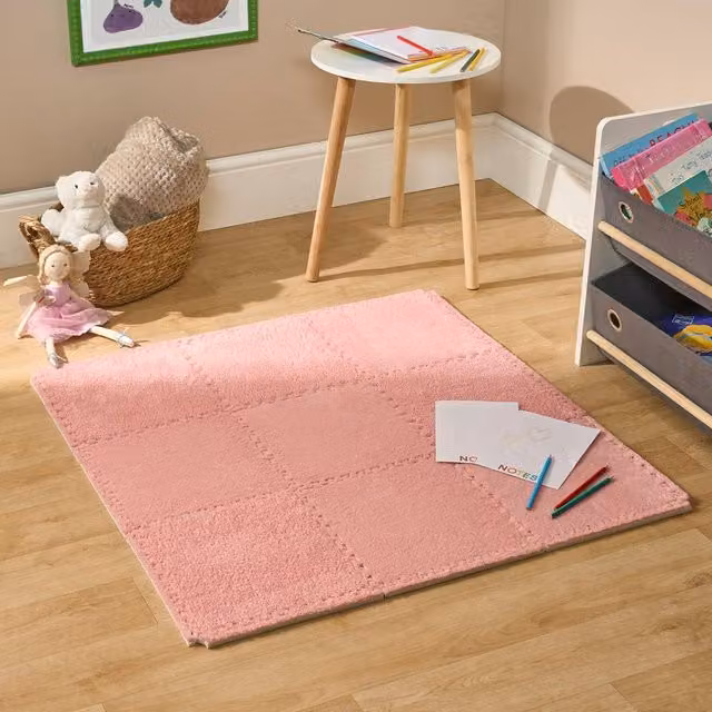 OHS Teddy Fleece Interlocking Foam Floor Tiles Yoga and Kids Mat in Pink, Medium
