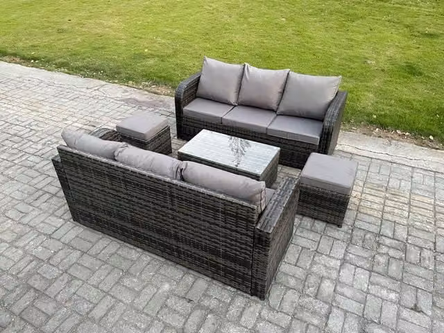 Fimous 8 Seater Grey Wicker Rattan Garden Furniture Set with Rectangular Coffee Table, 3 Seater Sofa and 2 Footstools