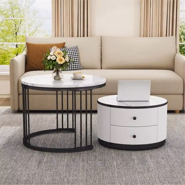 ModernLuxe High Gloss Nesting Coffee Table Set of 2 with Storage Drawers in White and Multicolour, W/D/H: 60.0 x 45.5 x 20.0 cm – 1