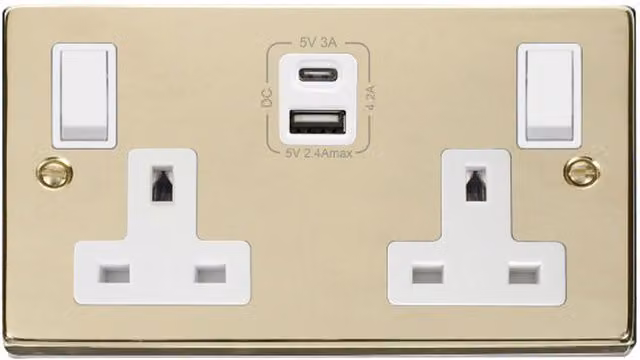 SE HOME Polished Brass and White 2 Gang 13A Type A C USB Twin Double Switched Flush Socket
