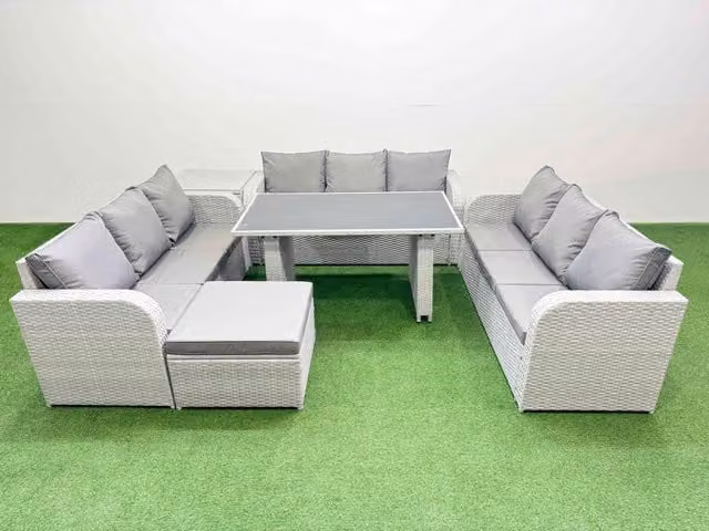 Fimous Modern Rattan Garden Furniture Set with Side Table and Stools in Light Grey