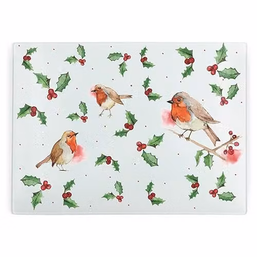 Purely Home Christmas Robins Glass Rectangular Chopping Board in Multicolour with Non-Slip Feet, W: 39 cm, D: 28.5 cm