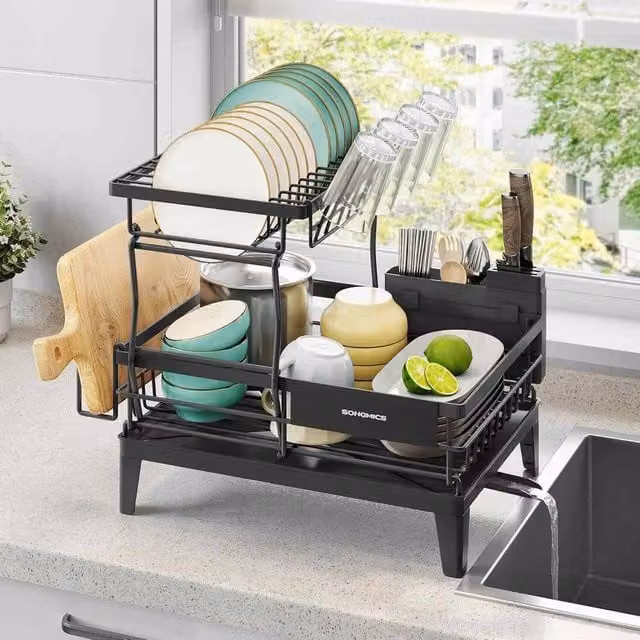The Bazaarist 2 Tier Dish Drying Rack with Rotating Spout, Black