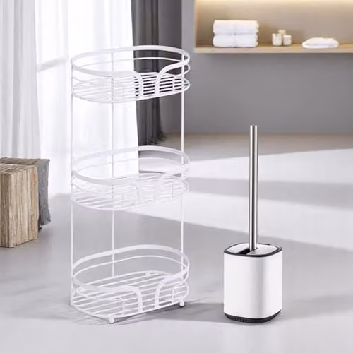 Showerdrape White Bathroom Accessories Set with Freestanding Floor Caddy, Toilet Brush and Holder