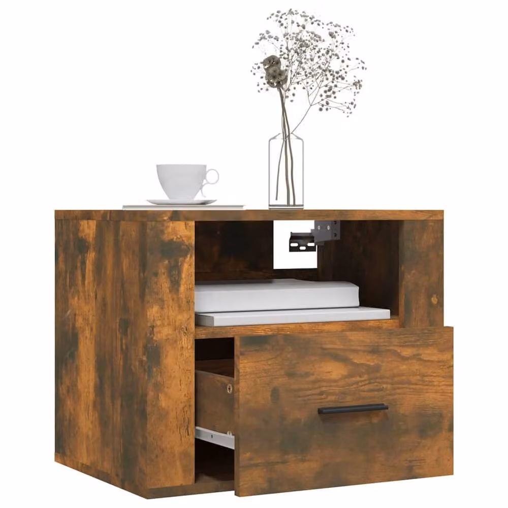 Berkfield Home Set of 2 Wall-mounted Bedside Cabinets in Smoked Oak Brown, W/D/H: 50 x 36 x 40 cm – 3