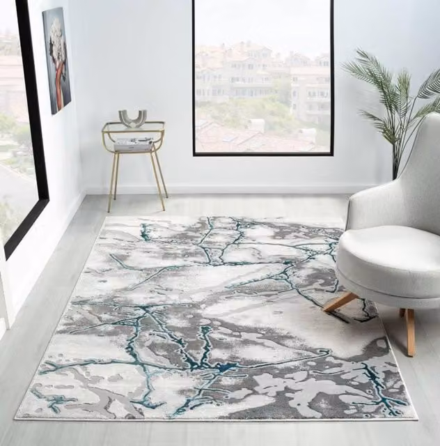 DS Living Carrara Cream-Teal Abstract Rug in Cream, Petrol and Beige, W: 160 cm, D: 225 cm