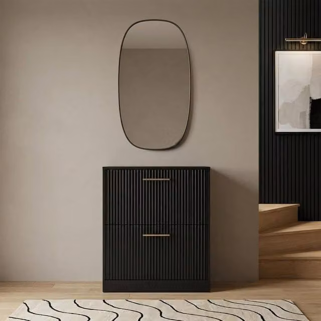 OHS Ribbed 2-Drawer Black Matt Flip Down Shoe Cabinet and Hallway Storage Unit – 1