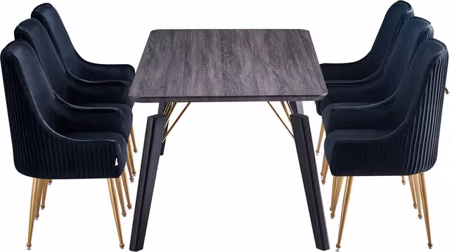 Life Interiors Soho Cosmo LUX Dining Set with Rectangular Table and 6 Black Velvet Upholstered Chairs
