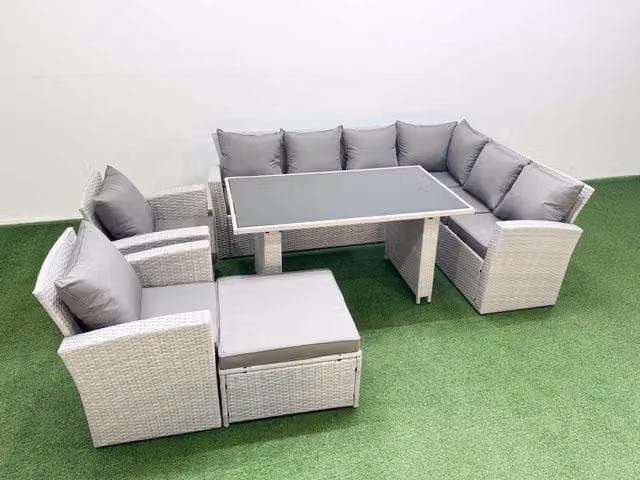 Fimous 9 Seater Wicker Rattan Garden Furniture Set in Light Grey