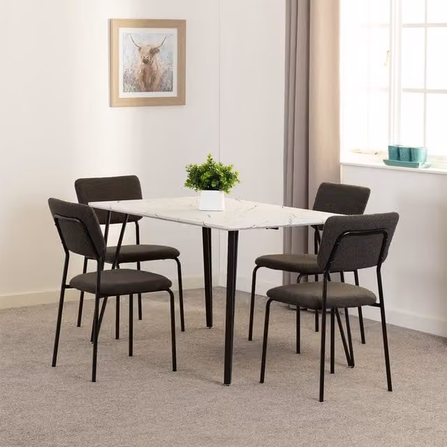 Seconique Marlow and Sheldon Modern Rectangular Dining Set with White Marble Effect Table and Grey Boucle Chairs