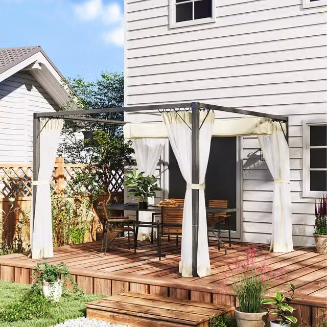 Outsunny Retractable Pergola Canopy with Netting in Beige and White, Aluminium and Metal Construction, 297 cm