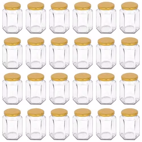Argon Tableware Set of 24 Hexagonal Glass Jam Jars with Gold Screw Top Lids, 250ml – 1