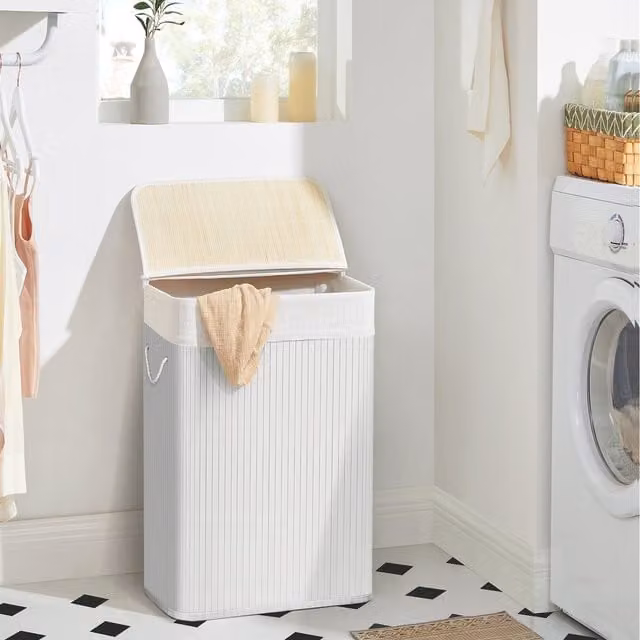 SONGMICS Bamboo 100L Laundry Basket with Lid and Removable Bag in White, W/D/H: 31.5 x 51.5 x 60.5 cm