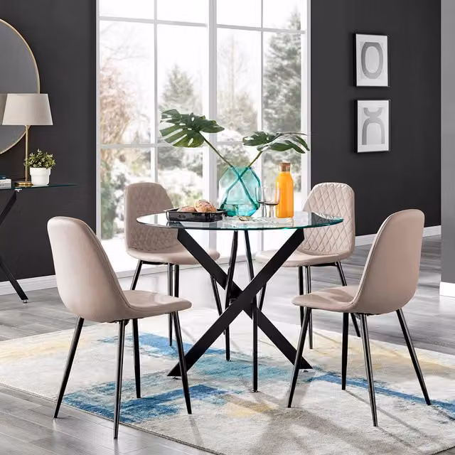 FurnitureboxUK Novara Round Glass Dining Table and Four Corona Faux Leather Chairs in Beige and Black – 6