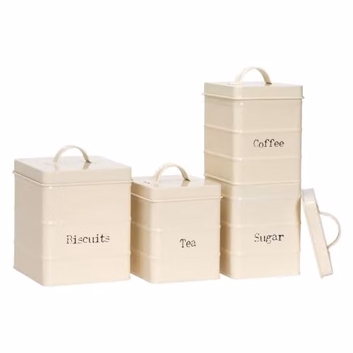 Harbour Housewares 4pc Metal Kitchen Canister Set with Airtight Lids in Beige, Grey and White – 1