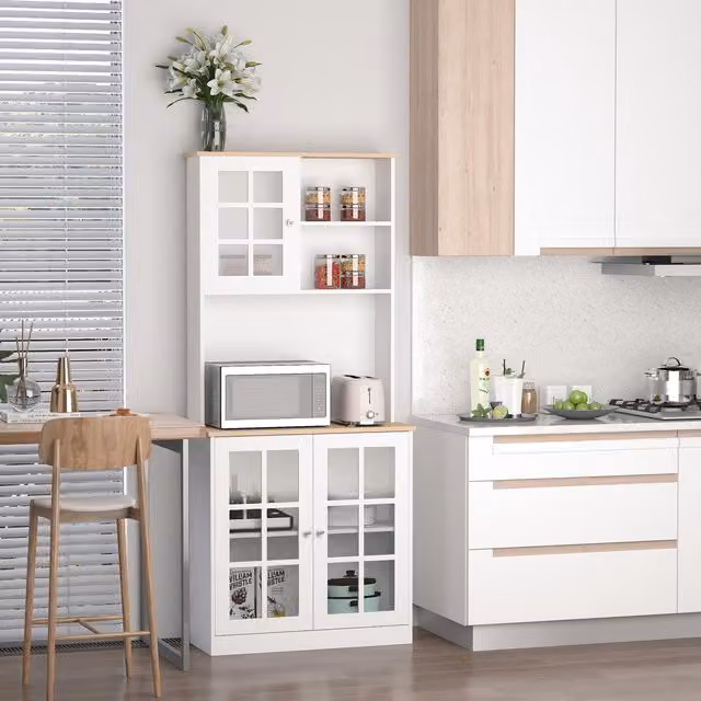 HOMCOM Modern White Kitchen Cupboard with Glass Doors and Counter Top Grid