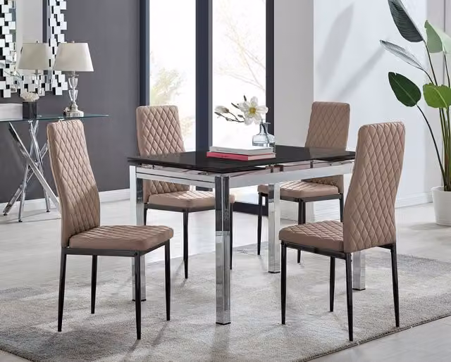FurnitureboxUK Enna Black Glass Extending Dining Table and 4 Milan Black Leg Chairs in Cappuccino