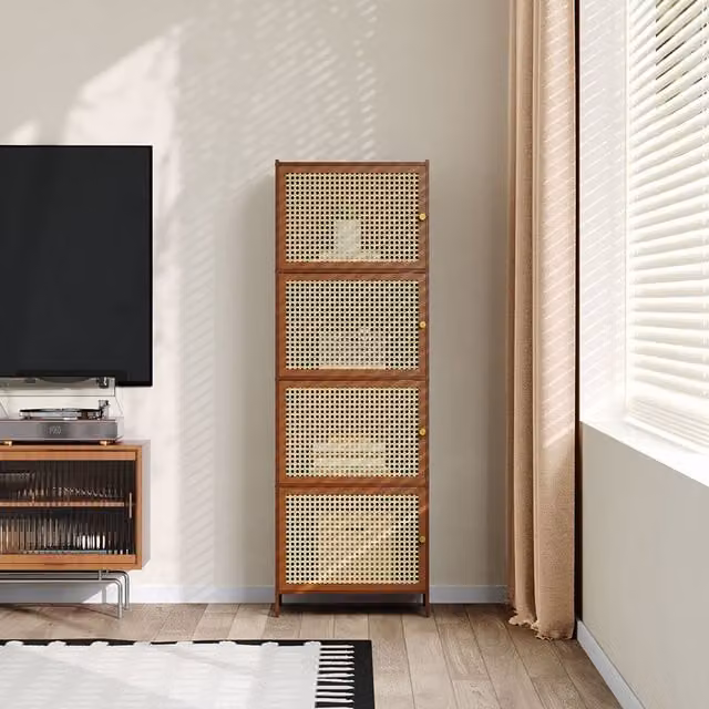 Livingandhome Mid-Century Narrow Bookcase Storage Unit with Rattan Hinged Doors in Brown and Beige, Height: 126 cm