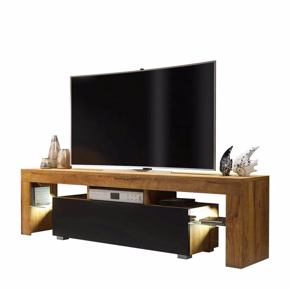 FLAVORA Modern Wood and Glass TV Unit Sideboard in Brown, Black or Beige – 2