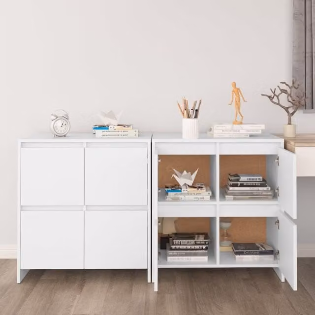 Berkfield Home Set of 2 White Minimalist Sideboards in Matt Engineered Wood W: 70 cm, D: 41 cm, H: 75 cm