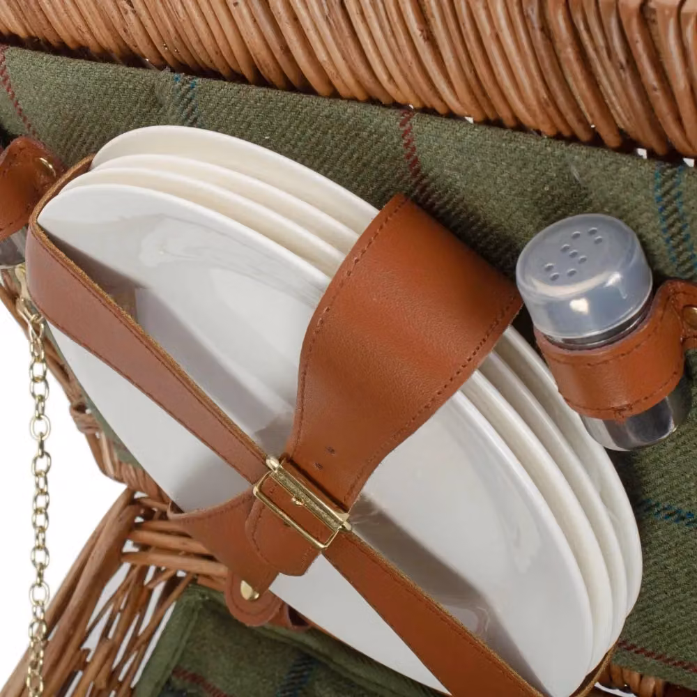 Red Hamper Elegant Wicker Picnic Basket for 4 People with Green Tweed Lining in Brown – 3