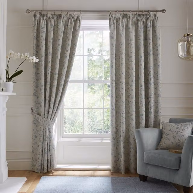 Terrys Bird Trail Lined Ready Made Pencil Pleat Curtains in Duckegg Blue