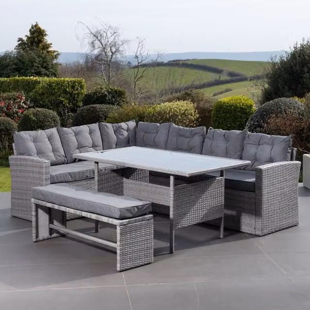Artemis Home Piana Grey Rattan Outdoor Corner Sofa Set with Table and Bench