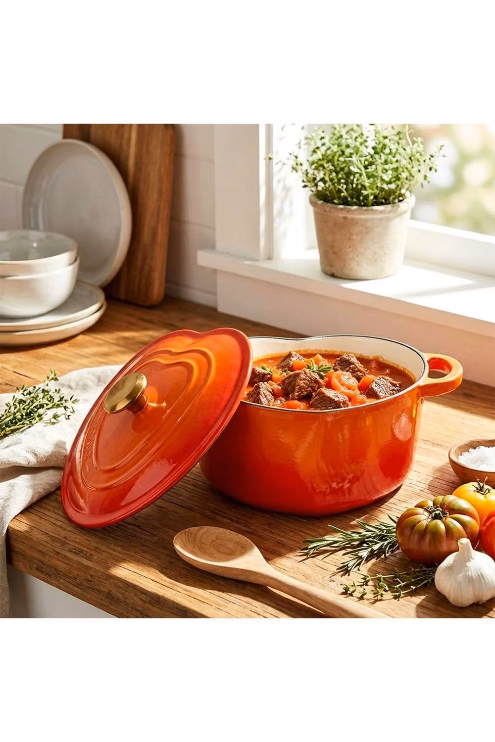 Living and Home Enamelled Cast Iron Heart-Shaped Dutch Oven Casserole Pot with Lid, Orange – 4