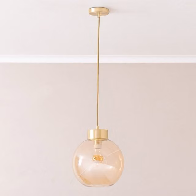 Bellamy Amber Glass Sphere Ceiling Pendant Light in Gold and Brass