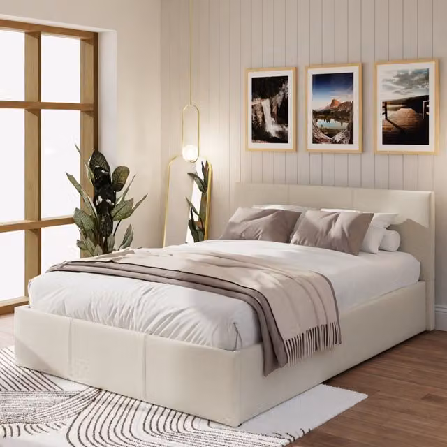 GFW End Lift Ottoman Bed in Natural Fabric, W/D/H: 140 x 200 cm