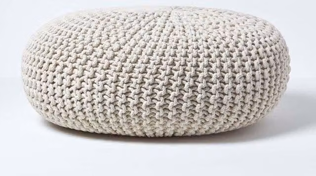 Homescapes Large Round Cotton Knitted Pouffe Footstool in Beige