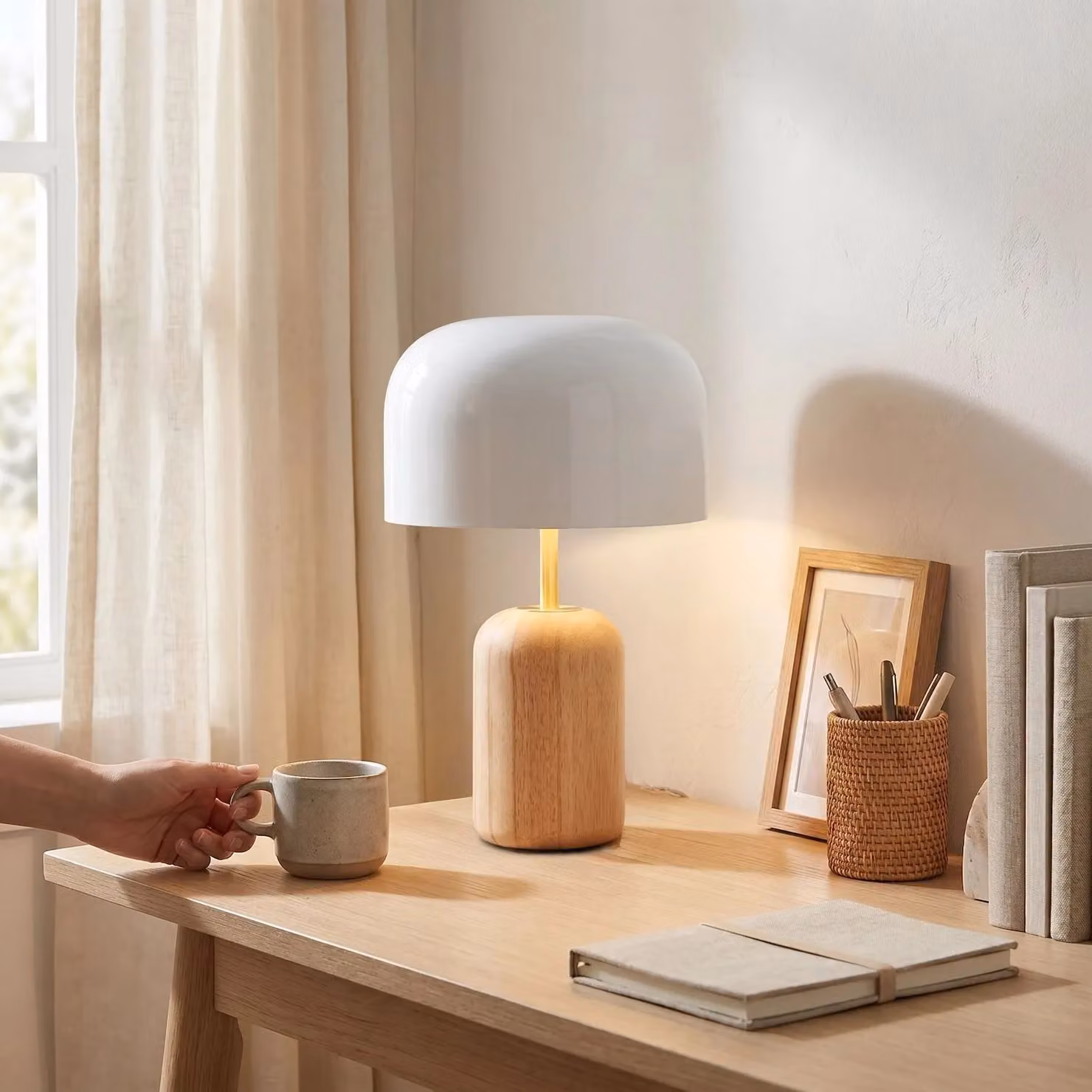 Happy Homewares Modern Designer Wooden Table Lamp with White Gloss Domed Metal Shade in Brown – 2