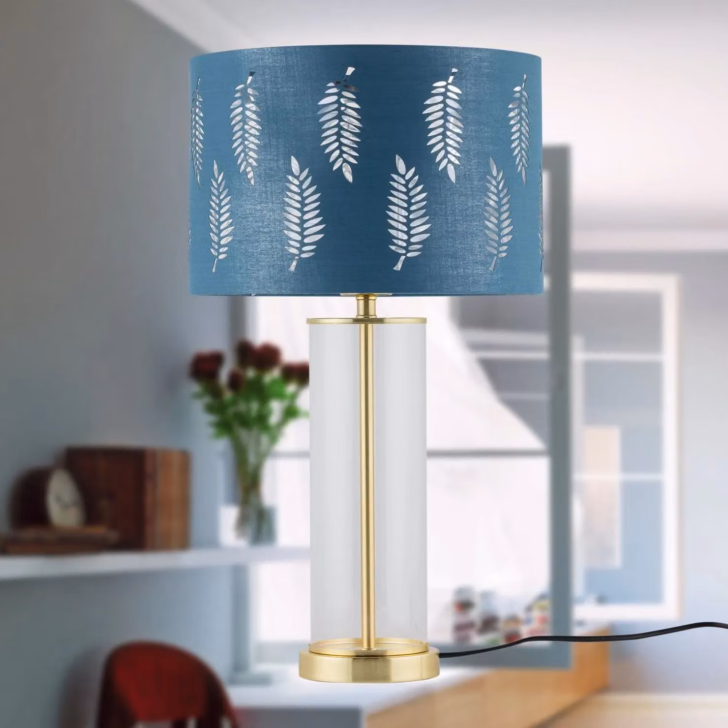 First Choice Lighting Aura Table Lamp in Gold and Silver with Petrol Blue Glass Shade – 4