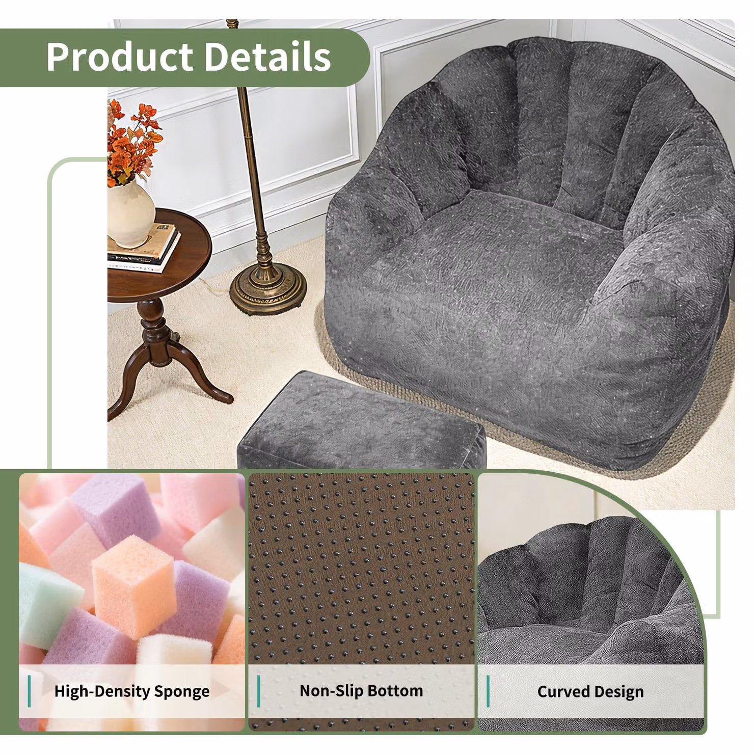 Aosom Grey Oversized Ergonomic Bean Bag Chair with Full-Body Segmented Support, W: 99 cm, D: 86.5 cm, H: 64.5 cm – 4